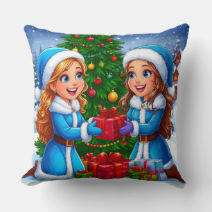 Coussin Scène de dessin animé festif de deux amis