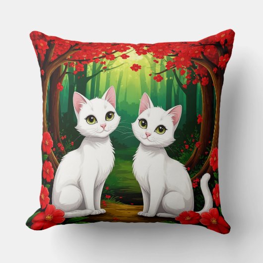 Coussin Scène de Fleurs de Forêt de Chats Mignons 🐱 (Recto)