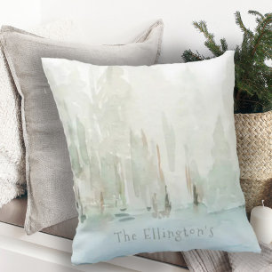 Coussin Scène de forêt moderne à l'aquarelle Nom de famill