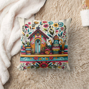 Coussin Scène de jardin vibrant avec une maison d'oiseau c