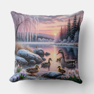 Coussin Scène de lac hivernal paisible avec canards