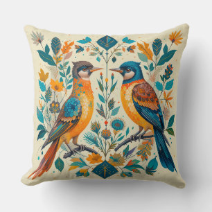 Coussin Scène de nature avec oiseaux et éléments géométriq
