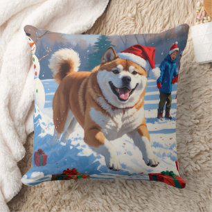 Coussin Scène de neige festive d'Akita à Noël