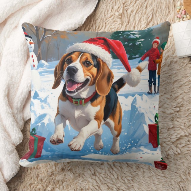 Coussin Scène de neige festive de Noël avec Beagle (Couverture)