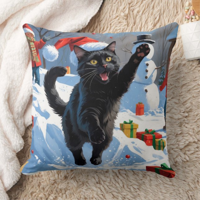 Coussin Scène de neige festive de Noël Black Cat (Couverture)