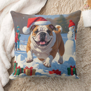 Coussin Scène de neige festive de Noël Bulldog