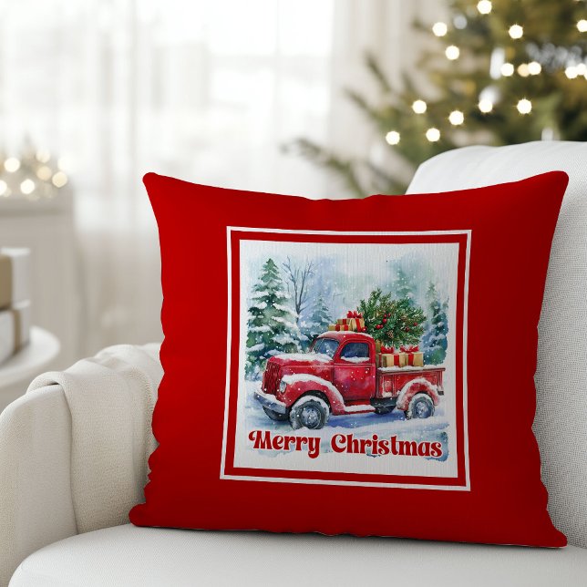 Coussin Scène de Noël camion rouge classique rustique vaca (Bring timeless holiday charm into your home with this beautifully illustrated watercolor Christmas r)