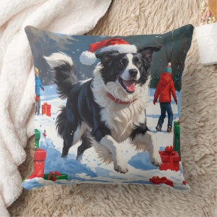 Coussin Scène de Noël festive avec Border Collie dans la n