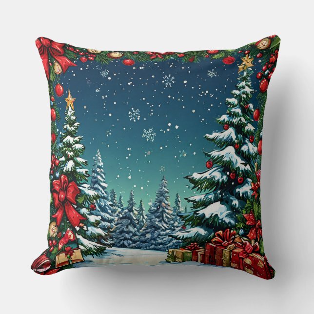 Coussin Scène de Noël festive avec des arbres enneigés (Recto)