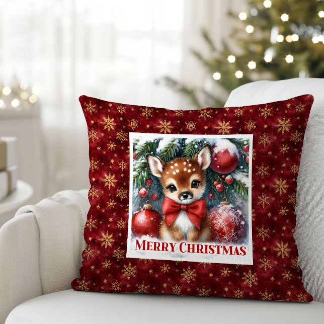 Coussin Scène de Noël idyllique faon de Noël (Blissful Christmas scene baby fawn Christmas pillow (52))