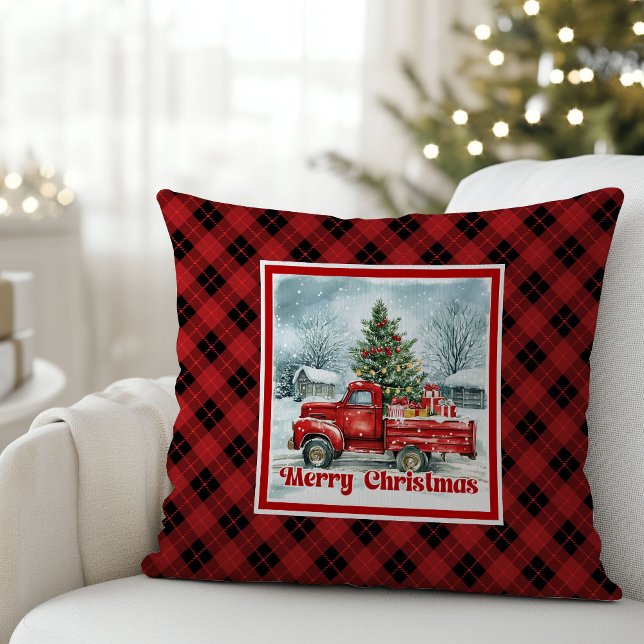 Coussin Scène de Noël joyeuse avec camion rouge rustique f (Joyful red truck Christmas scene rustic festive pillow art

)