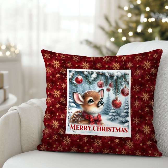 Coussin Scène de Noël lumineuse bébé cerf forêt enneigée  (Bright Christmas scene baby deer snowy forest pillow)