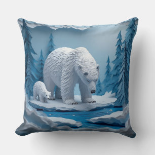 Coussin Scène de Papercraft d'Ours Polaires dans une Forêt