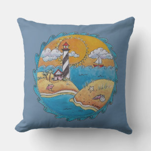 Coussin Scène de plage de phare fantaisiste, art folkloriq
