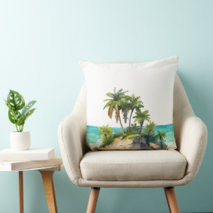 Coussin Scène de plage d'île tropicale à l'aquarelle