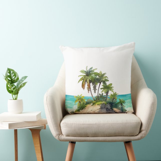 Coussin Scène de plage d'île tropicale à l'aquarelle (Chaise)