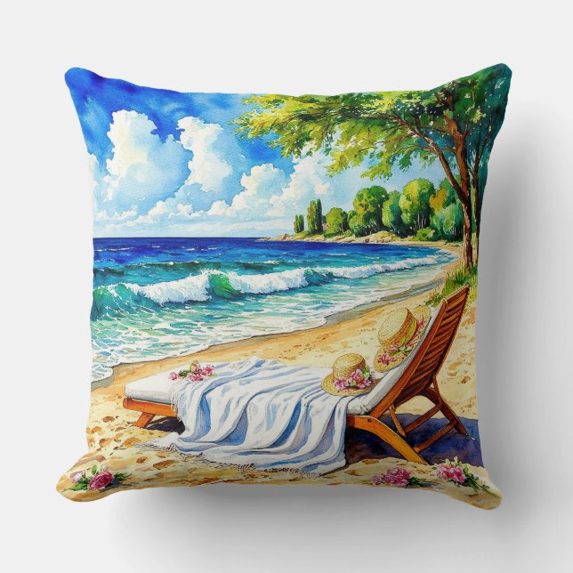 Coussin Scène de plage relaxante avec chaise longue (Recto)