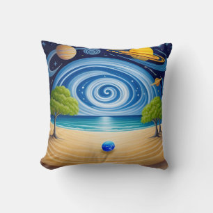Coussin Scène de plage surréaliste avec Planètes, Ciel tou