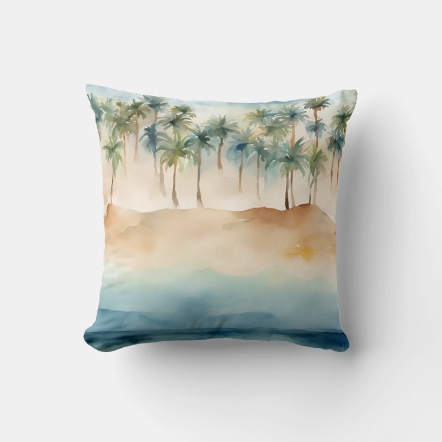Coussin Scène de plage tropicale à l'aquarelle Palmiers Sa (Recto)