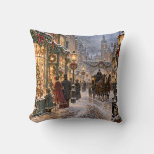 Coussin Scène de rue victorienne de Noël en hiver