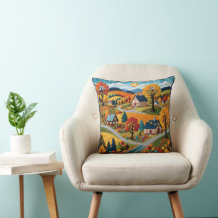 Coussin Scène de village campagnard piqué