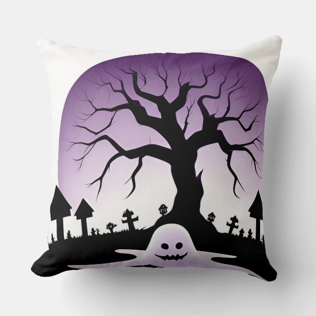 Coussin Scène d'Halloween effrayante avec fantôme et arbre (Recto)