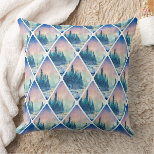 Coussin Scène d'hiver Carrelé Pins Arbres Forêt Ciel rose