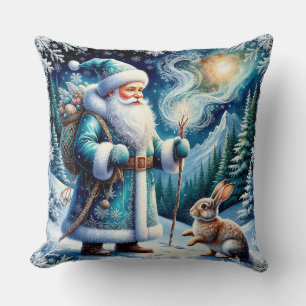 Coussin Scène d'hiver magique avec le Père Noël et le lapi