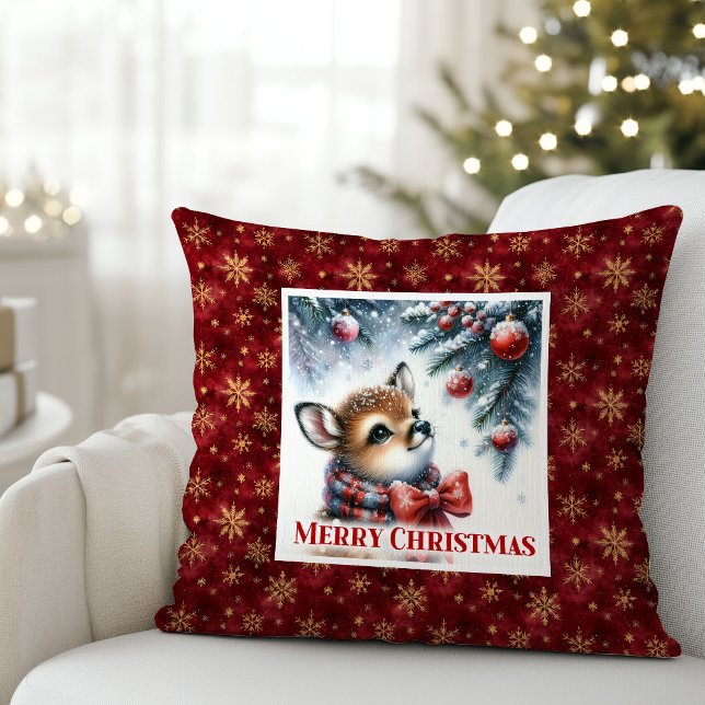 Coussin Scène enneigée étoilée bébé faon forêt d'hiver enf (Starry snowy scene baby fawn winter forest kids decor)