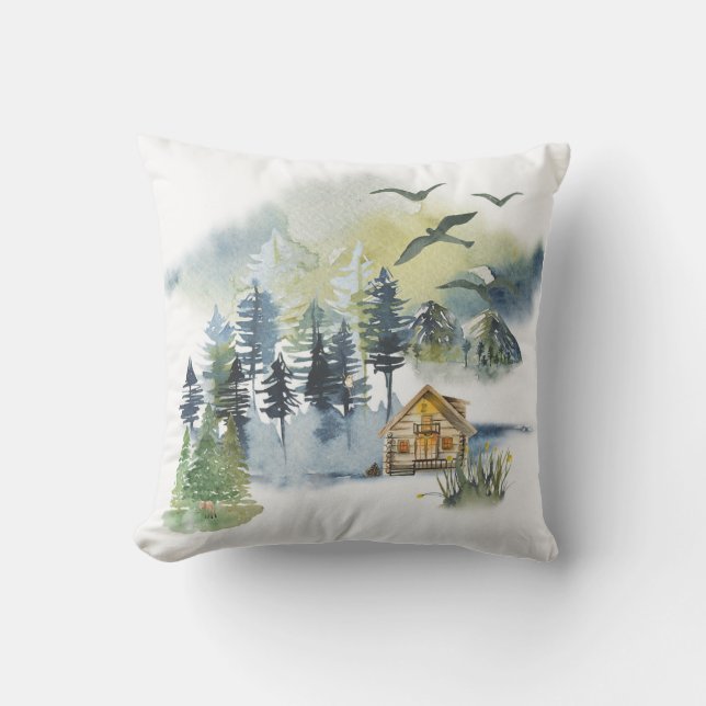 Coussin Scène forestière à l'aquarelle  (Recto)