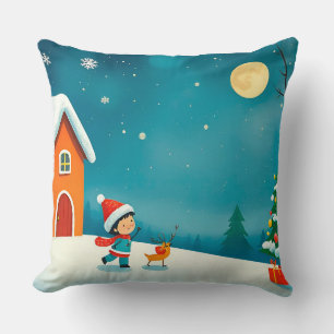 Coussin Scène hivernale avec enfant, renne, sapin de Noël