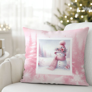 Coussin Scène hivernale de bonhomme de neige rose Décor de