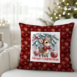 Coussin Scène hivernale silencieuse bébé faon enneigé Noël