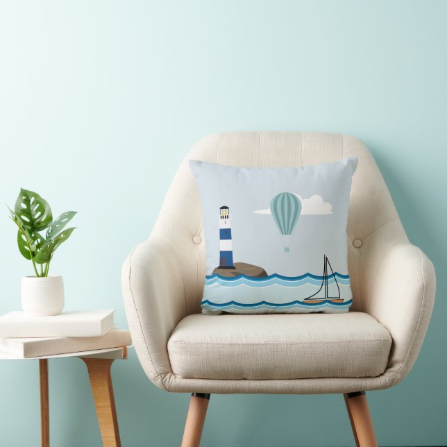 Coussin Scene nautical with Lighthouse and Sailboat (Chaise)