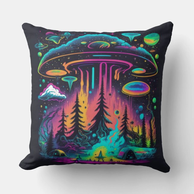 Coussin Scène néon d'UFO et d'aliens Art psychédélique (Recto)