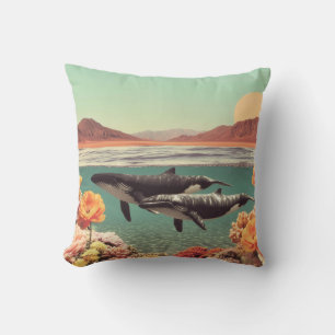 Coussin Scène océanique surréaliste avec des baleines et d