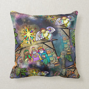 Coussin Scène pour aquarelle de nativité de Noël