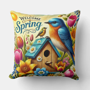 Coussin Scène printanière colorée avec oiseaux, nichoir