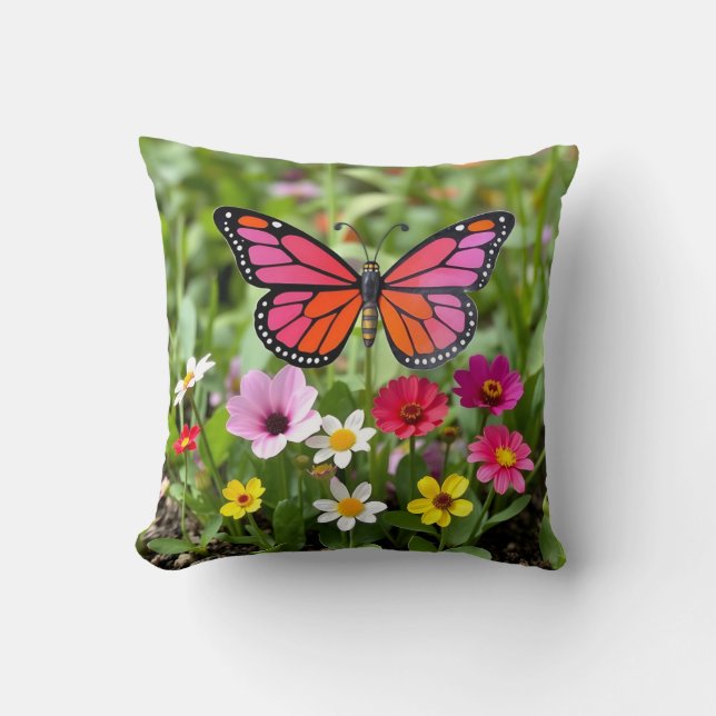 Coussin Scène vibrante de jardin avec papillon monarque (Recto)