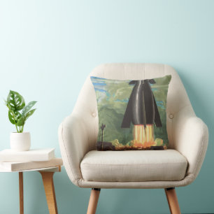 Coussin Science-fiction vintage, fusée décolle de la Terre