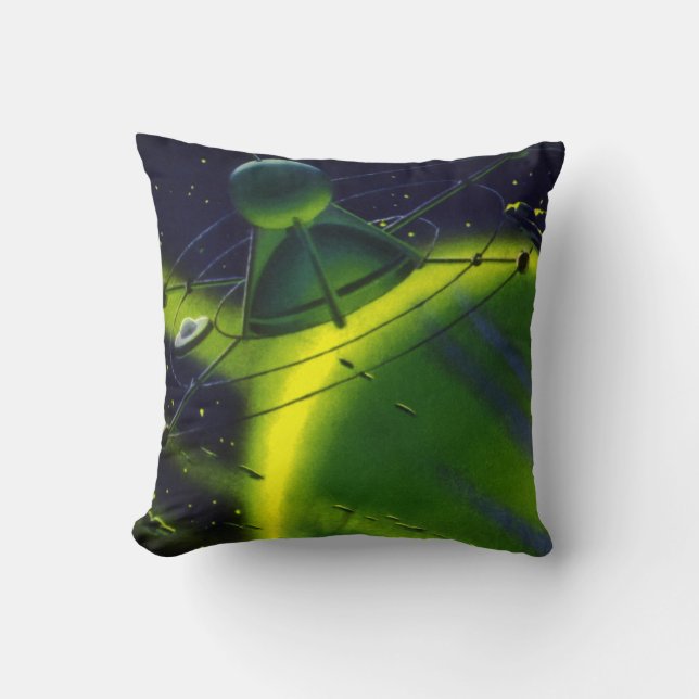 Coussin Science-fiction vintage Planète verte avec vaissea (Recto)
