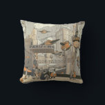 Coussin Science-fiction vintage Urban Paris, Steam Punk<br><div class="desc">Illustration vintage punk à vapeur victorien Science Fiction image futuriste voyage et transport métropolis. La ville de Paris,  France à l'avenir avec des avions de taille personnelle au lieu de voitures et la station de métro Gare du Nord.</div>