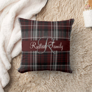 Coussin Scotland Tartan Bourgogne Gris Plaid Monogramme