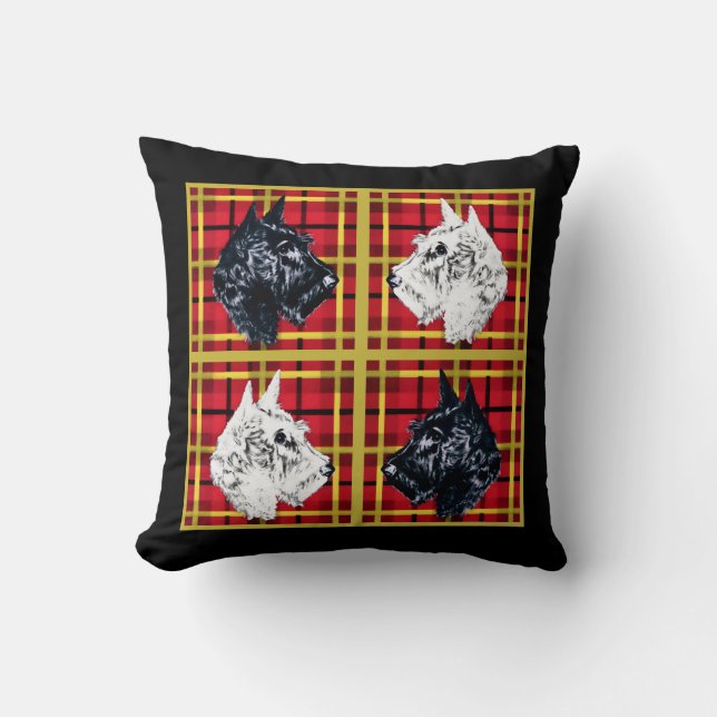 Coussin Scottie chien noir et blanc plaqué or écossais (Recto)