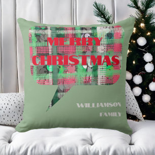 Coussin Script de Noël nom de famille vert rouge crème