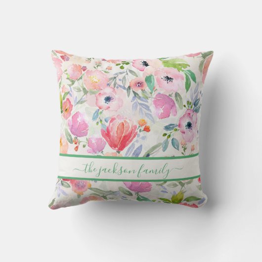 Coussin Script de nom de famille flush rose (Verso)