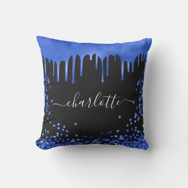 Coussin Script de nom de la parties scintillant bleue noir (Recto)