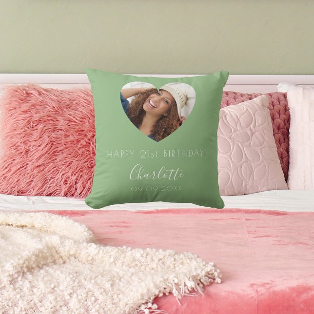 Coussin Script de nom de photo vert de la sauge d'annivers (Créateur téléchargé)