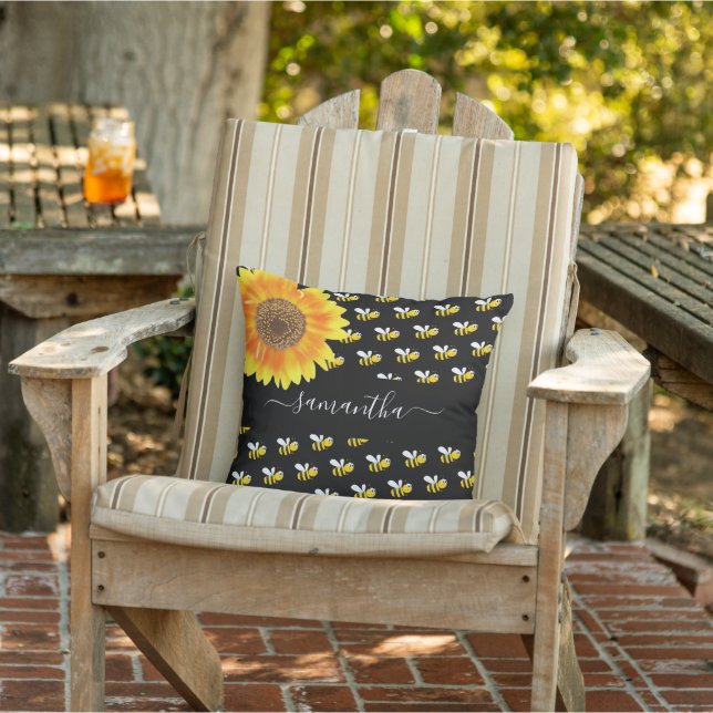 Coussin Script de nom de tournesol jaune noir des abeilles (Chaise)