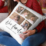 Coussin Script Notre Nom De Famille Photo Collage<br><div class="desc">Coussin avec les mots "Notre Famille" dans un script élégant avec 4 photos disposées côte à côte sur l'avant et l'arrière, ce qui en fait 8 photos au total que vous pouvez remplacer par vous propres photos contre un arrière - plan blanc. Vous pouvez également ajouter votre nom de famille...</div>